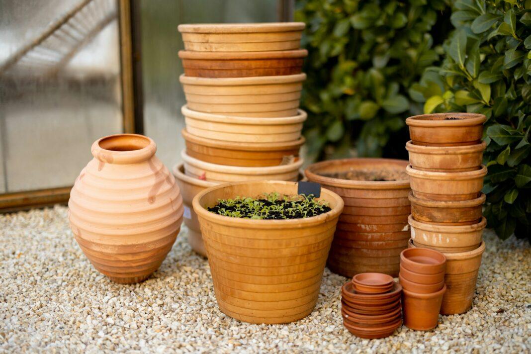 Clay pots in garden